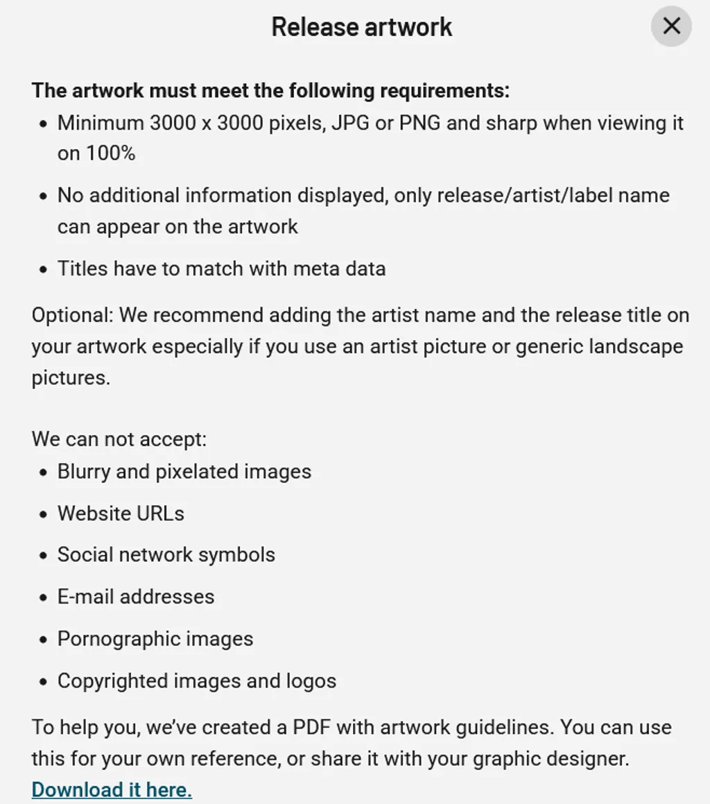 Dialog box displaying release artwork requirements including minimum 3000x3000 pixels, accepted formats, and prohibited content types.