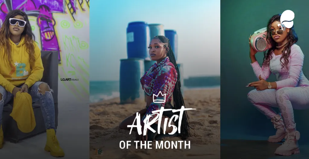 Colorful image with 3 women wearing bold outfits, sunglasses, and posing outdoors. "Artist of the Month" text overlaid.