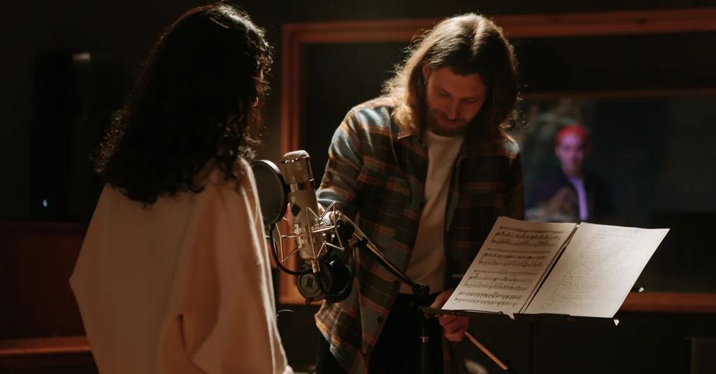 Two people, a man and a woman, standing in a dimly lit room. The man is holding a microphone and the woman is holding sheet music.
