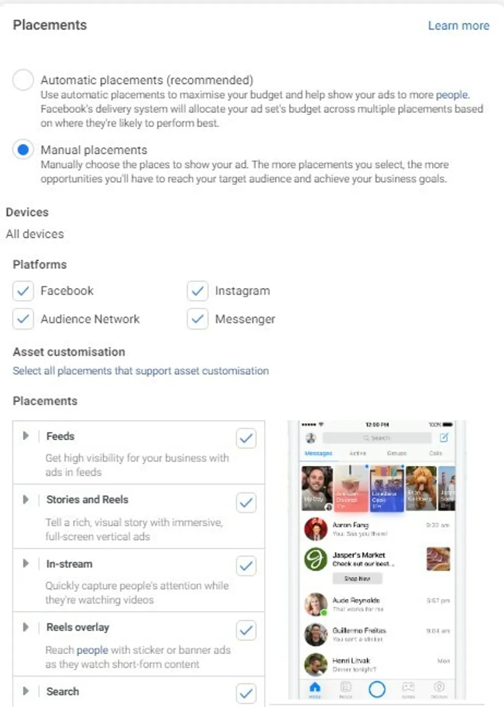 Placements facebook ads
