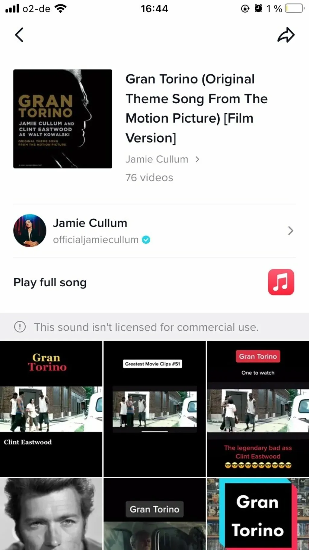 Page officielle de la chanson Gran Torino de Jamie Cullum sur TikTok