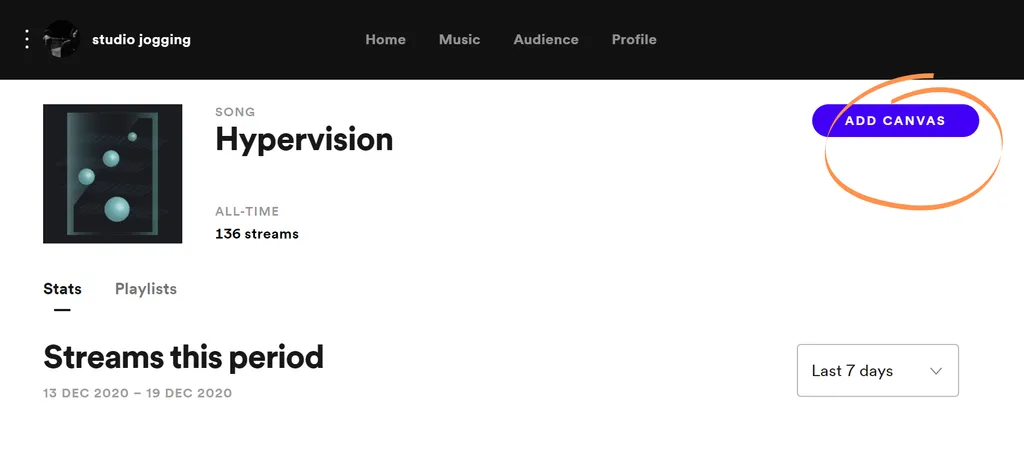 Captura del botón de Canvas en Spotify for Artists
