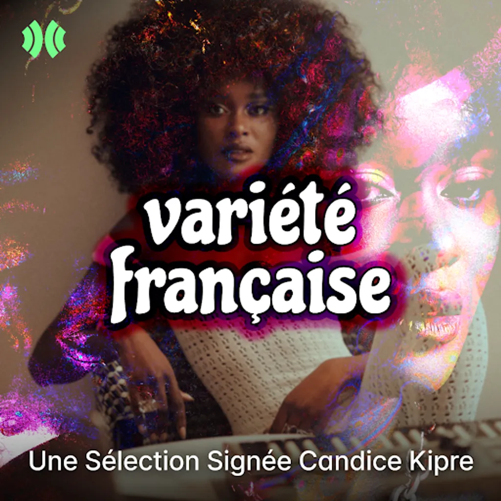 Femme aux cheveux afro colorés en rouge et bleu, texte blanc "variété française", éclairage rose et violet, composition artistique.