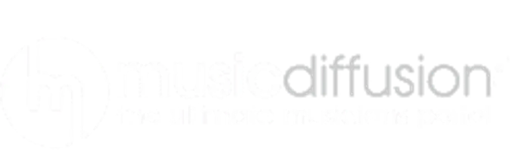 White logo with stylized "h" symbol next to "musicdiffusion" text and tagline "the ultimate musicians portal" on black background.